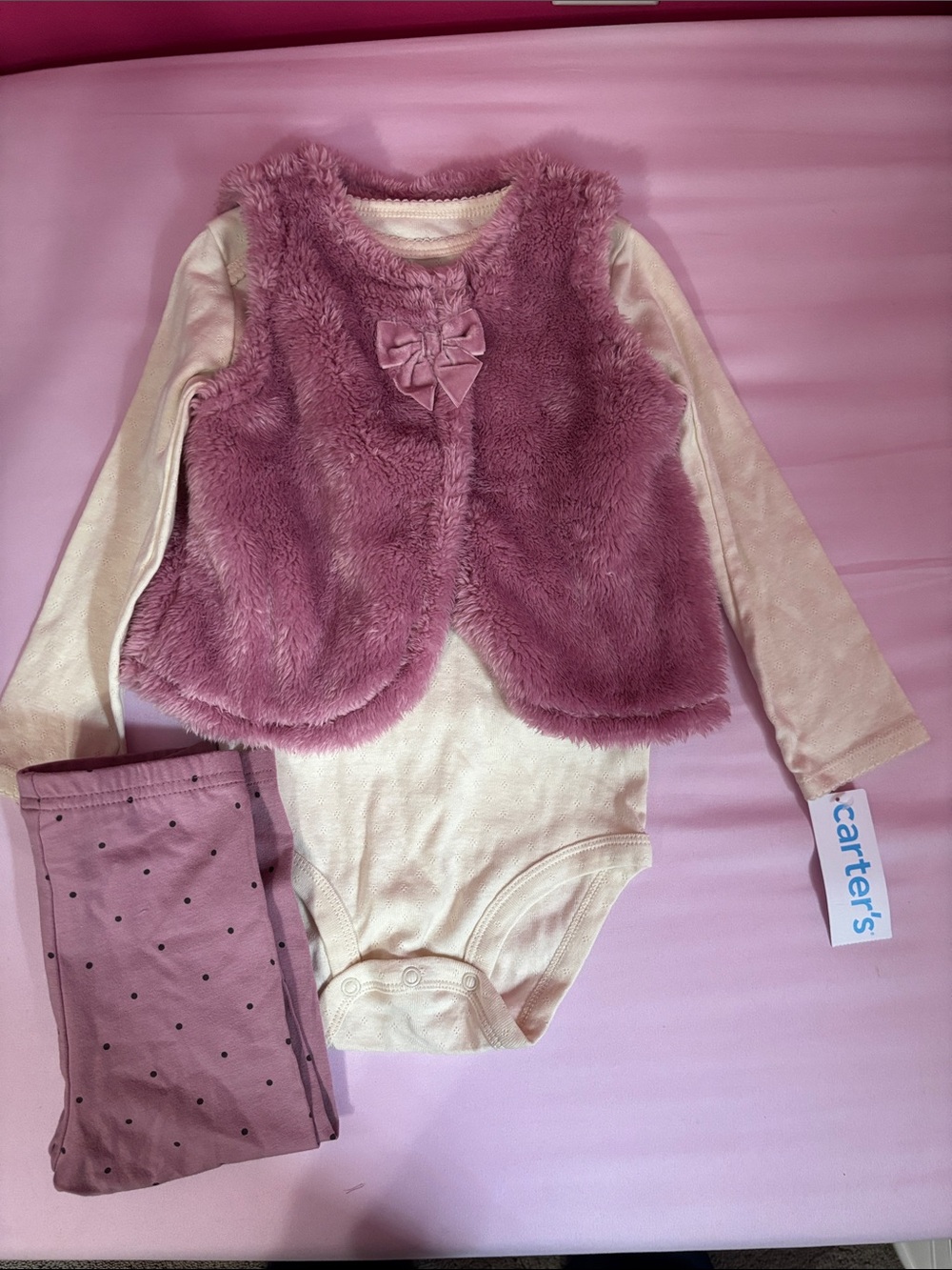 Carter's Cream Bodysuit with Mauve Faux-Fur Vest and Dusty Rose Polka Dot Pants